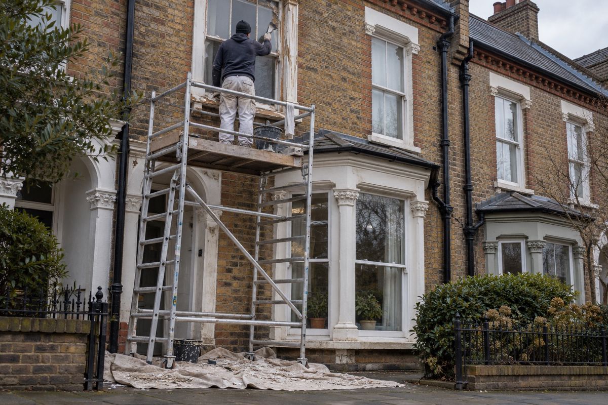 Painter scraping old paint from a high window on a Victorian townhouse