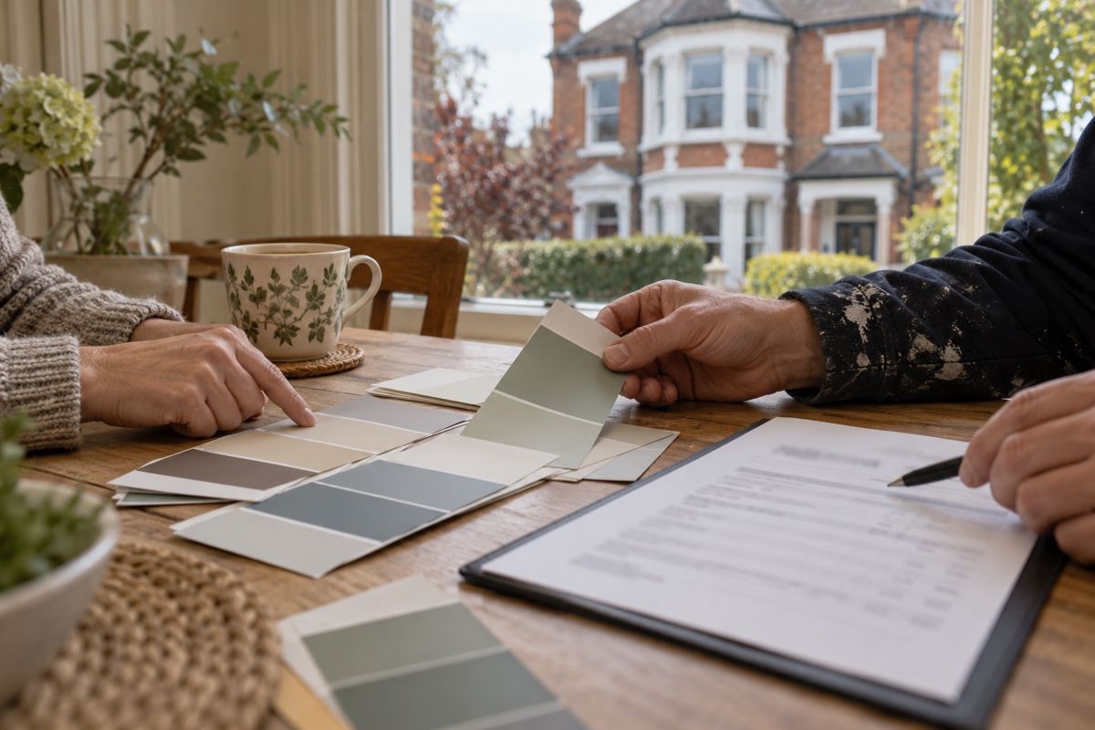 Hands comparing paint colour swatches and a quote at a garden table