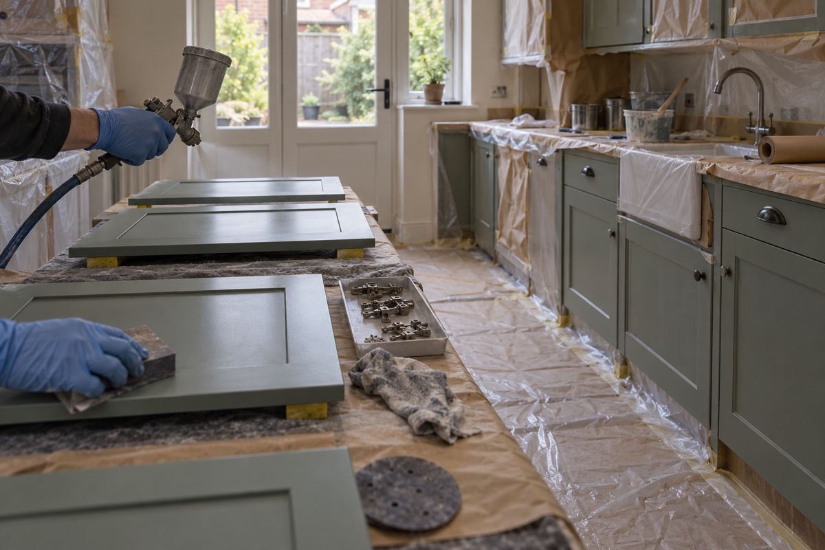 Shaker kitchen cabinet doors laid flat while being sprayed and refinished