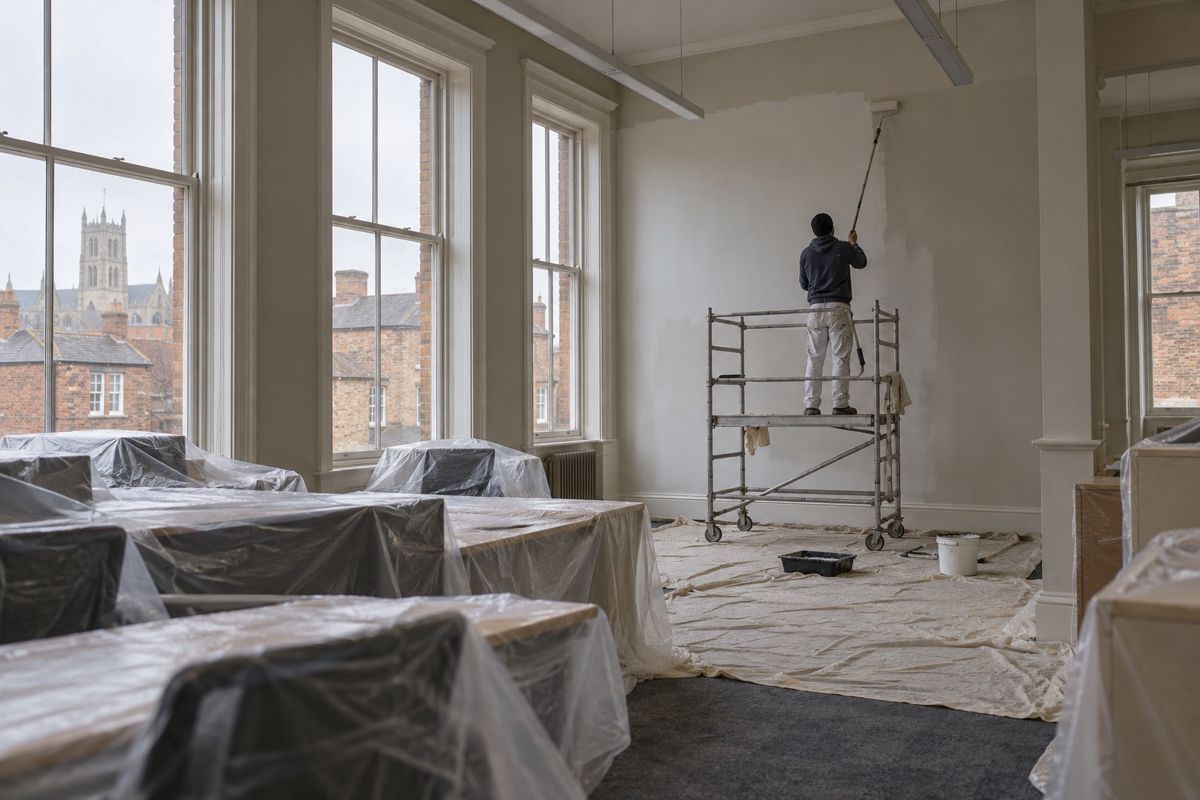 Painter on an access tower repainting a cleared open-plan office