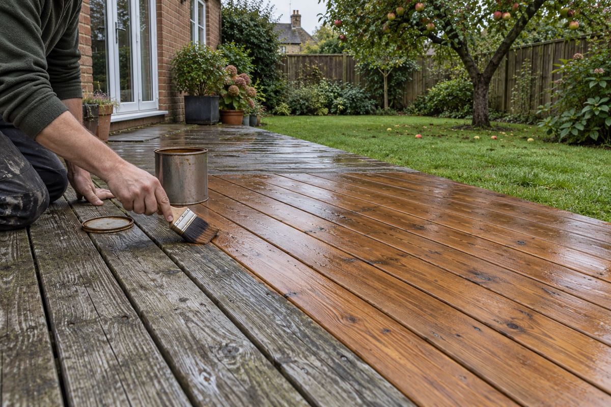 Half-stained timber garden deck with a brush resting on the boards