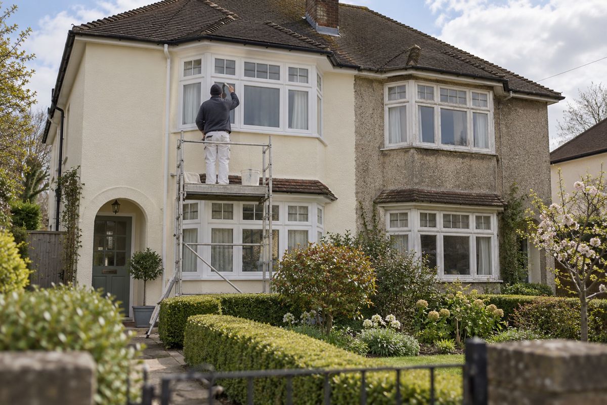 Painter on a platform tower repainting the front of a 1930s semi