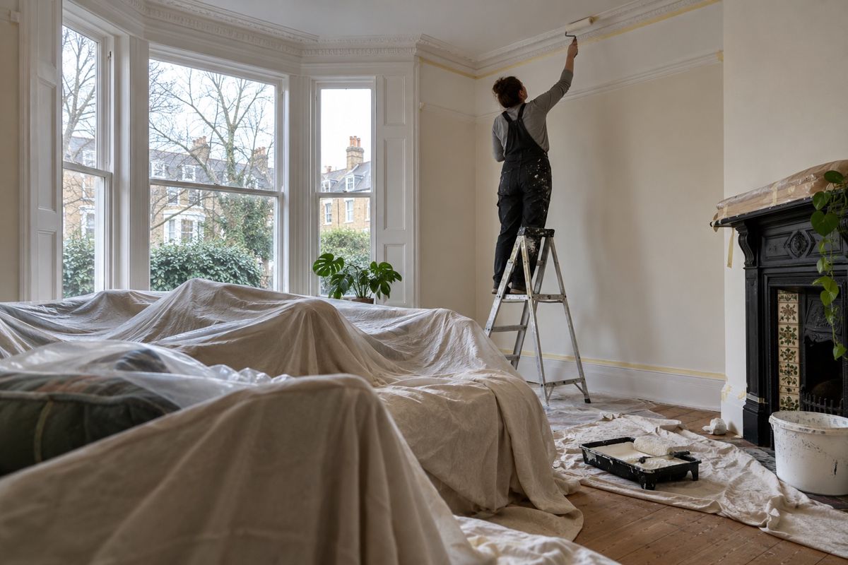 Victorian front room being repainted with furniture covered and woodwork masked